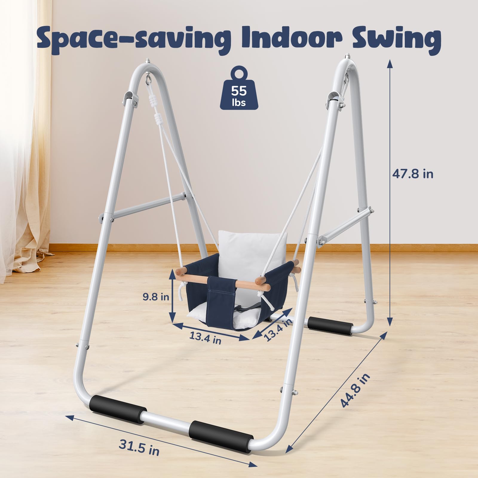Hapfan safety-harness feature keeps toddlers buckled securely during playful swinging.