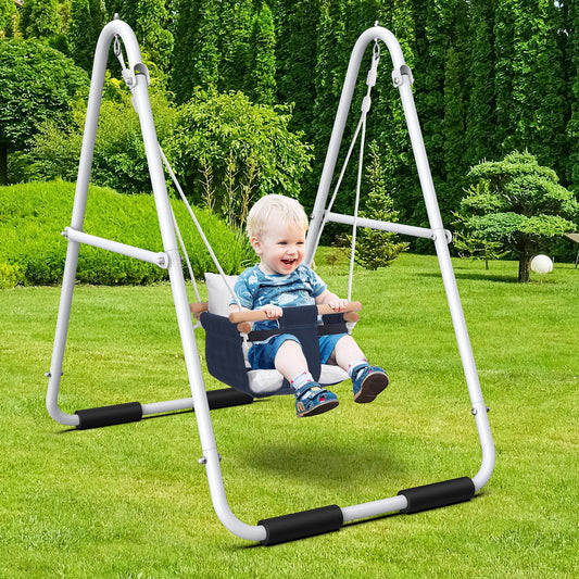 Hapfan toddler swing with stand shows a stable, non-slip base for safe indoor use.