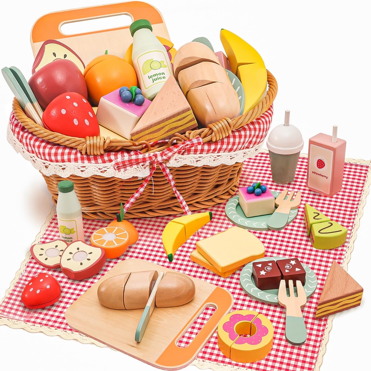 HAPGFS wooden picnic basket with play food for imaginative pretend play.