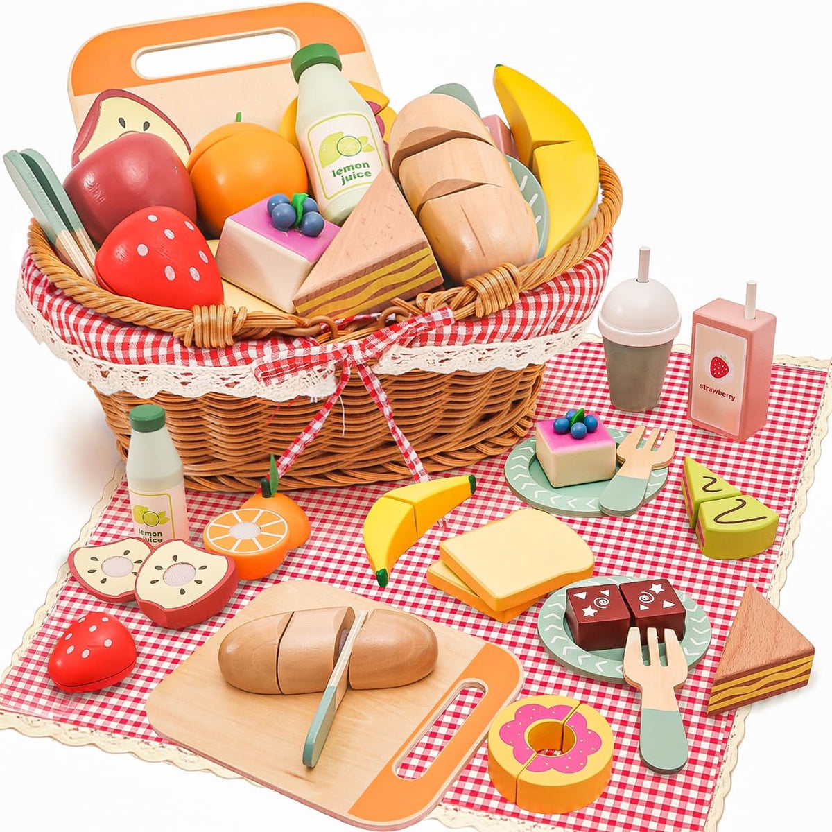 HAPGFS wooden picnic basket with play food for imaginative pretend play.
