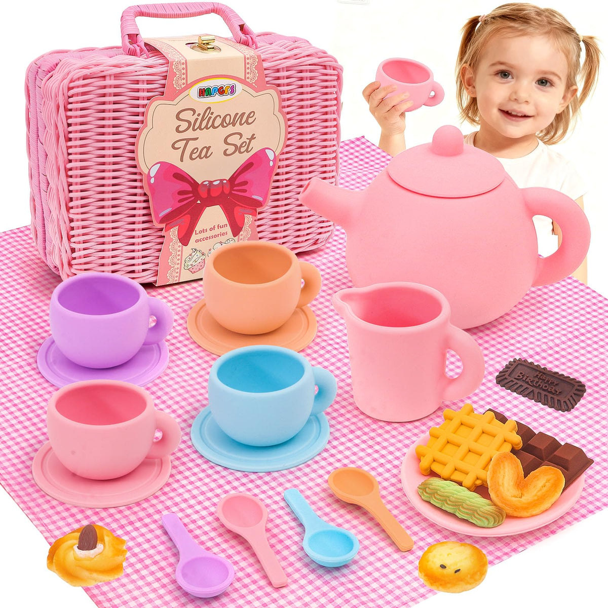HAPGFS silicone tea set teapot for kids promotes imaginative pretend tea time.
