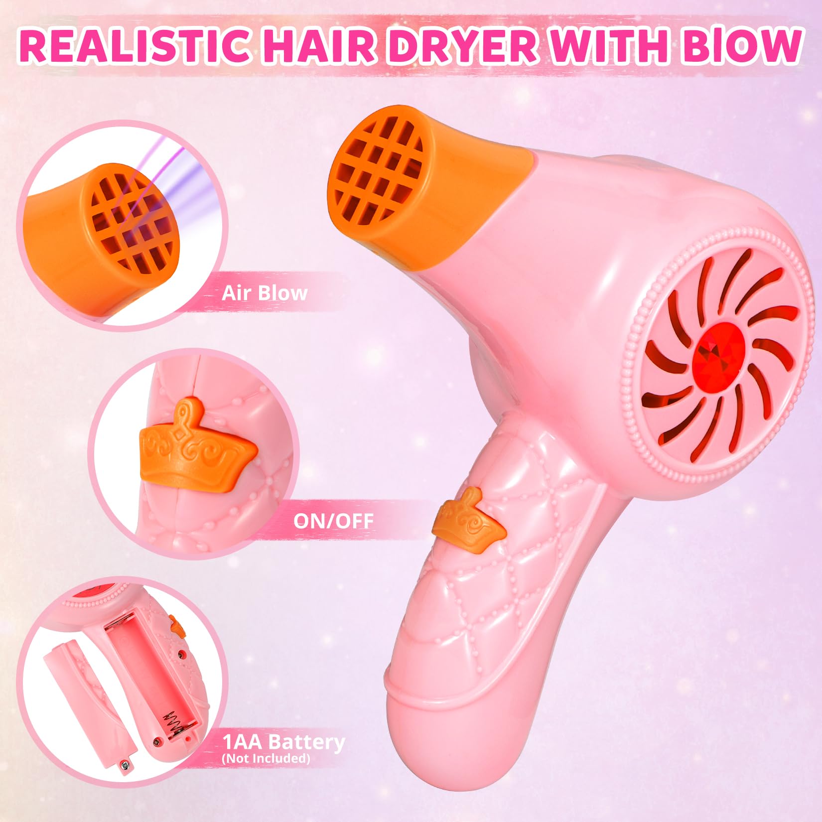 Hapgo pretend blow dryer adds realistic airflow and sound for authentic salon play.
