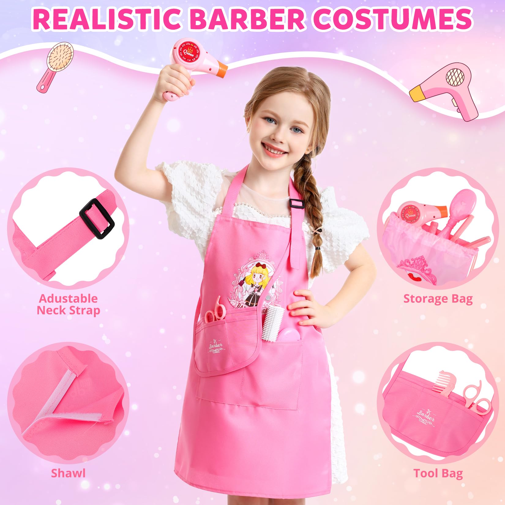 Hapgo styling apron and shawl help kids role-play as a professional stylist.