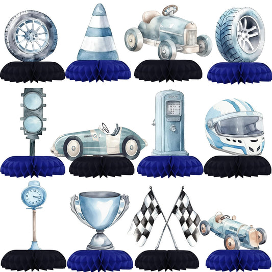 HaPiBiDesign Race Car Centerpiece Honeycomb Ornament enhances table decor with festive flair.