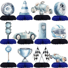 HaPiBiDesign Race Car Centerpiece Honeycomb Ornament enhances table decor with festive flair.