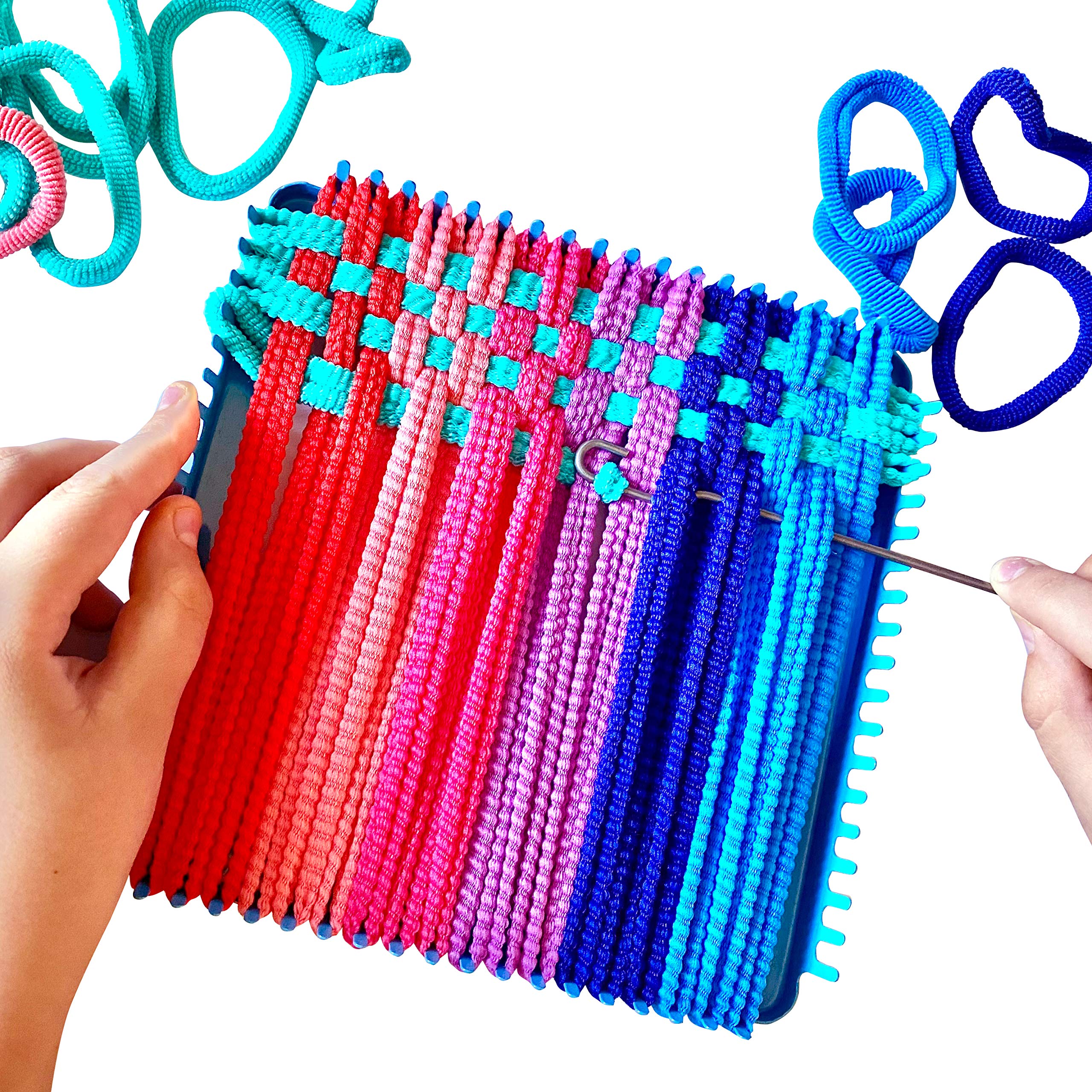 Hapinest child weaving potholder project in progress with bright loops