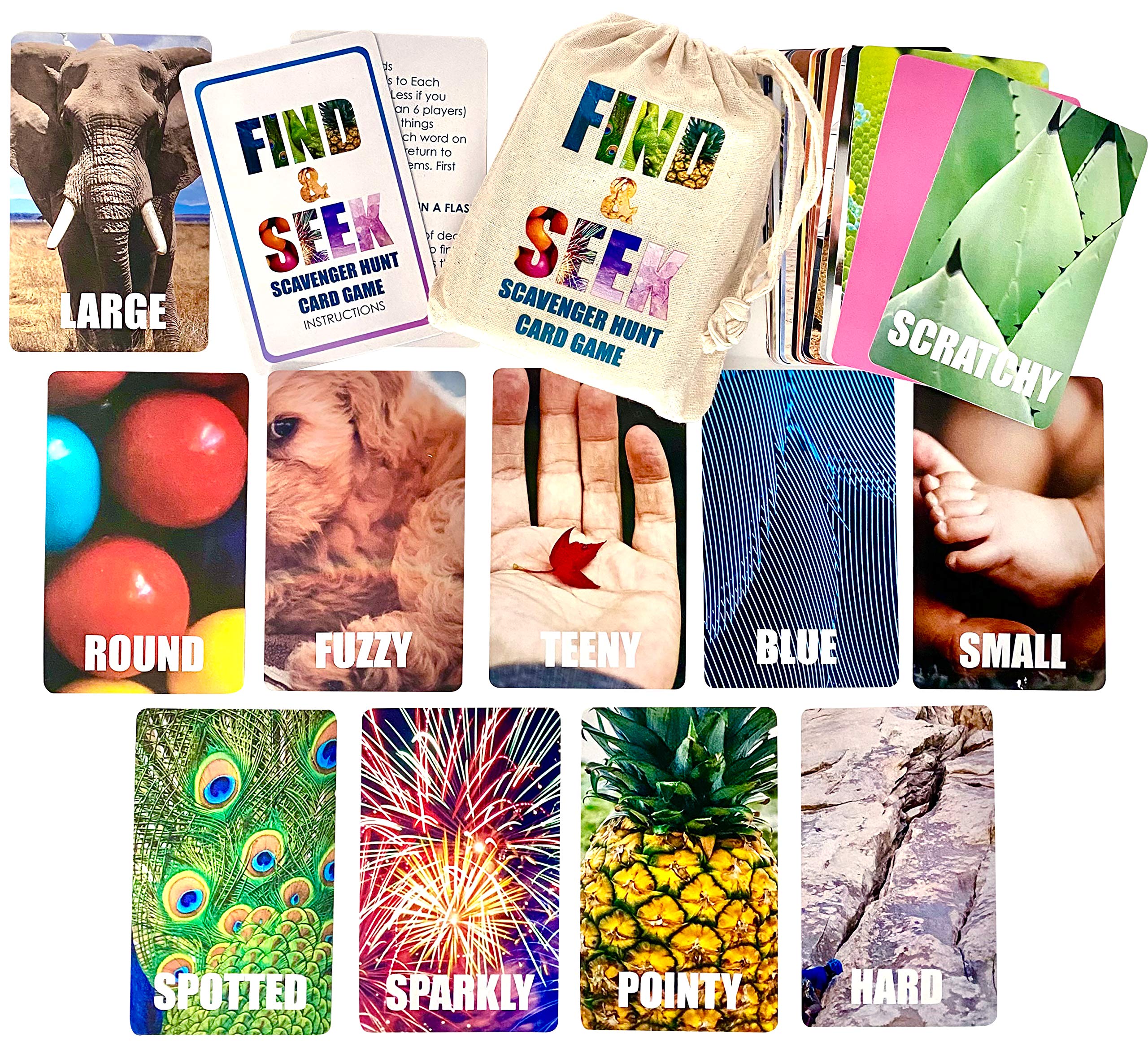 Hapinest Find and Seek cards in a drawstring bag for easy travel.