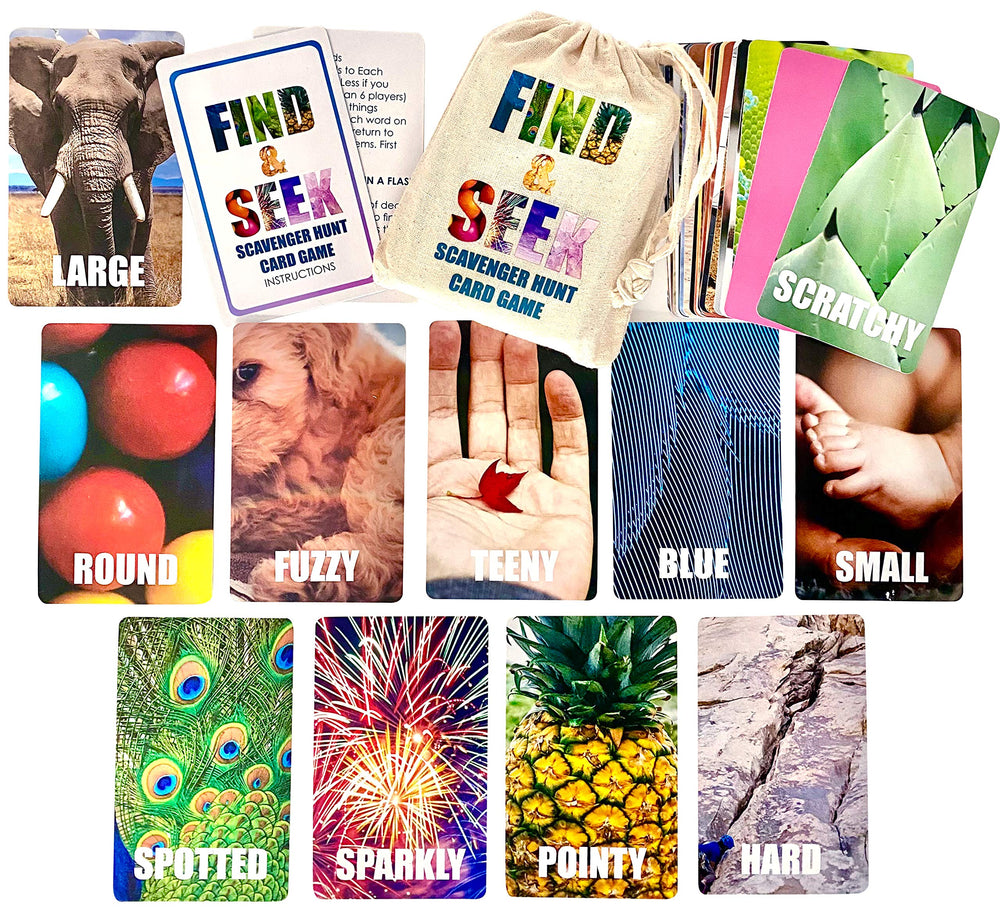Hapinest Find and Seek cards in a drawstring bag for easy travel.