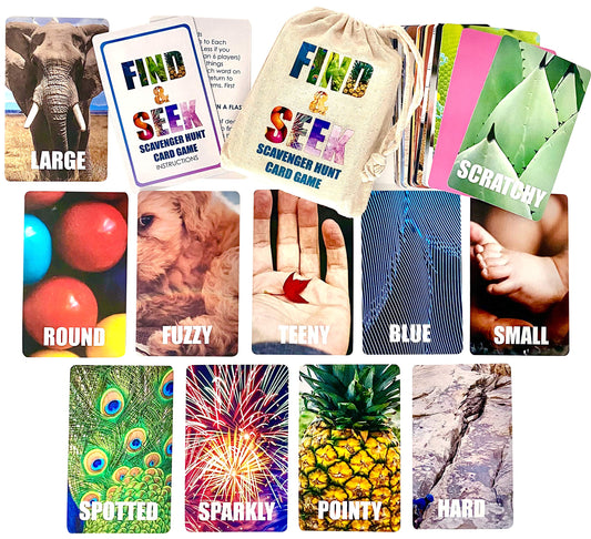 Hapinest Find and Seek cards in a drawstring bag for easy travel.
