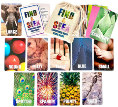 Hapinest Find and Seek cards in a drawstring bag for easy travel.