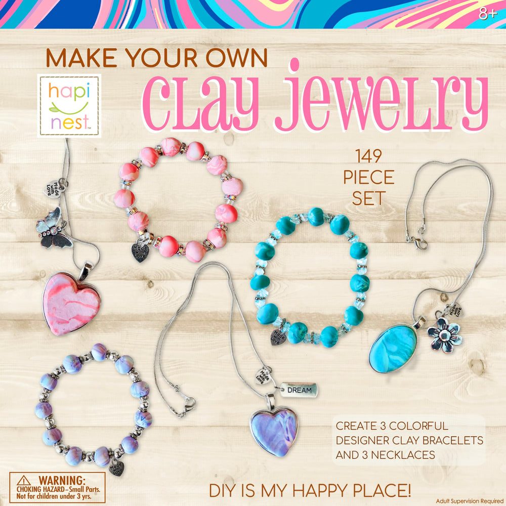 Hapinest Make Your Own Clay Jewelry Kit contents with colors and beads for creative crafting