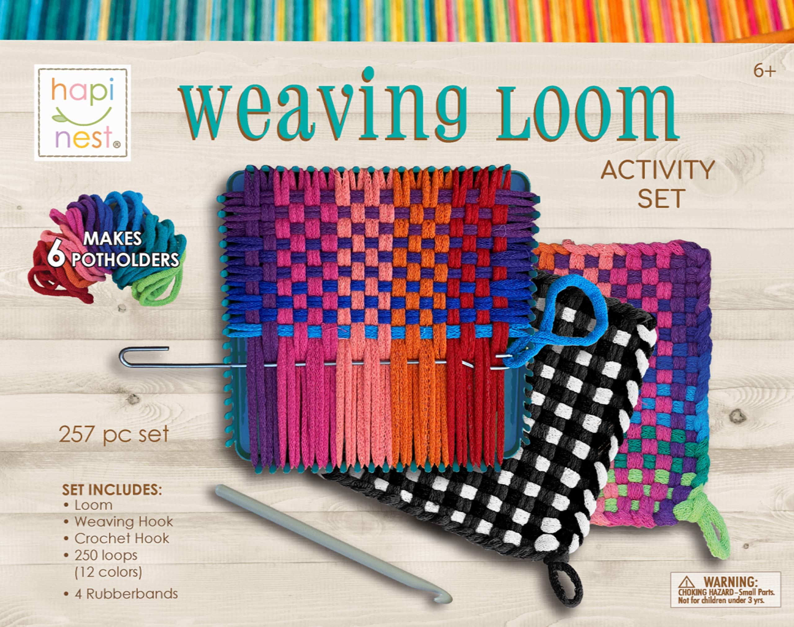 Hapinest potholder loom kit contents laid out for beginners' weaving fun