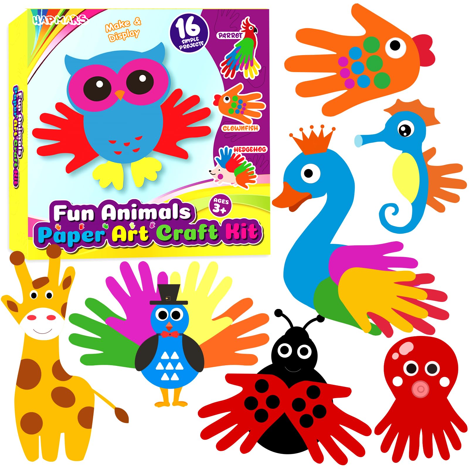 HAPMARS Animals Handprint Kit packaging invites kids to start creative crafts.