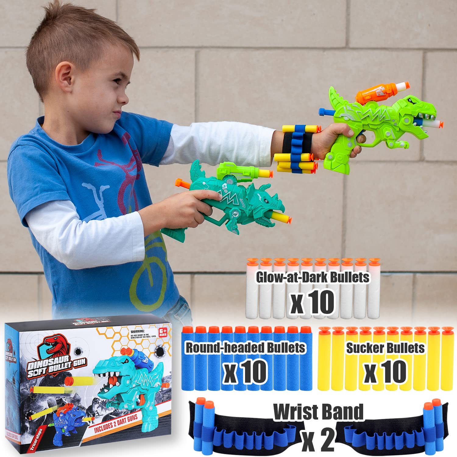 Happitry dino blaster visuals featuring T-Rex and Triceratops spark imagination.