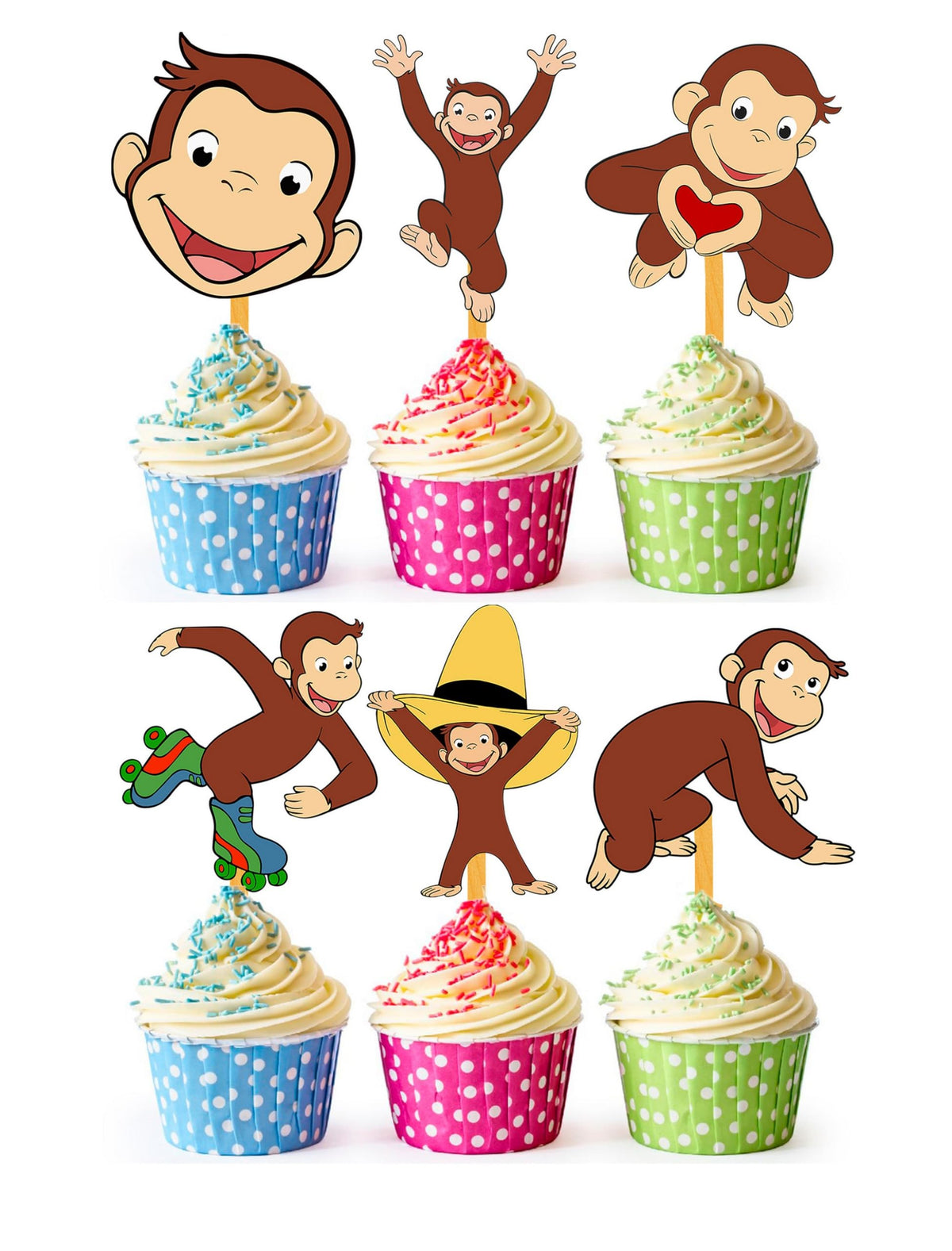 Happy Choices Curious Monkey cupcake toppers decorate birthday cupcakes with playful flair.