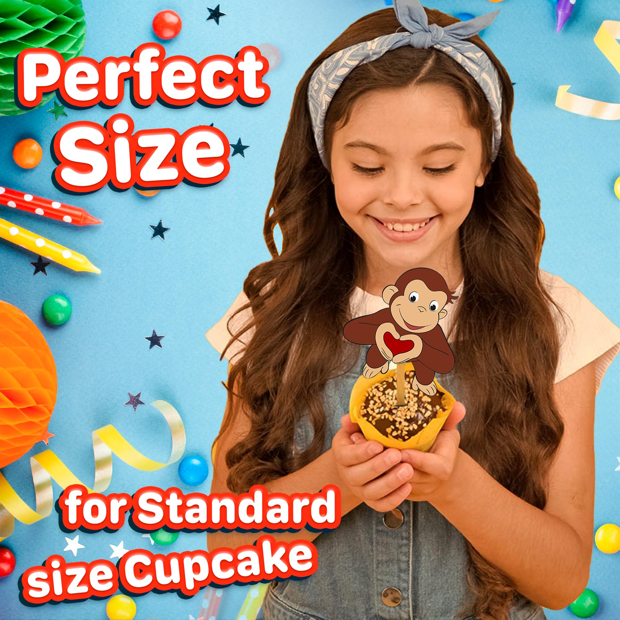 Happy Choices Curious Monkey cupcake picks add color to kids' celebrations.