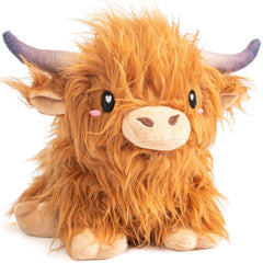Happy Fuel Highland Cow heating pad plush, provides quick cozy warmth for evenings.
