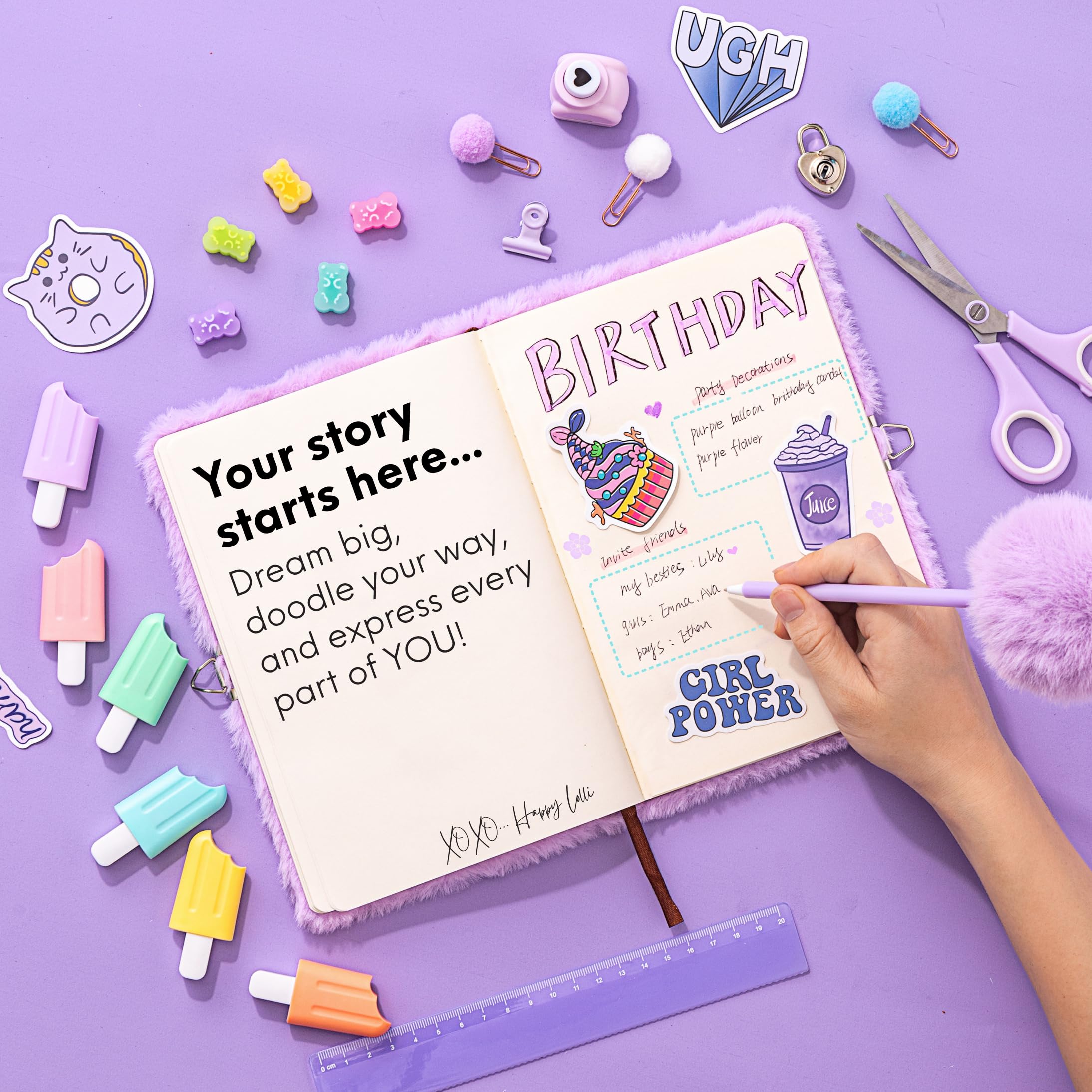 Happy Lolli LolliME diary cover with plush purple texture invites creativity.