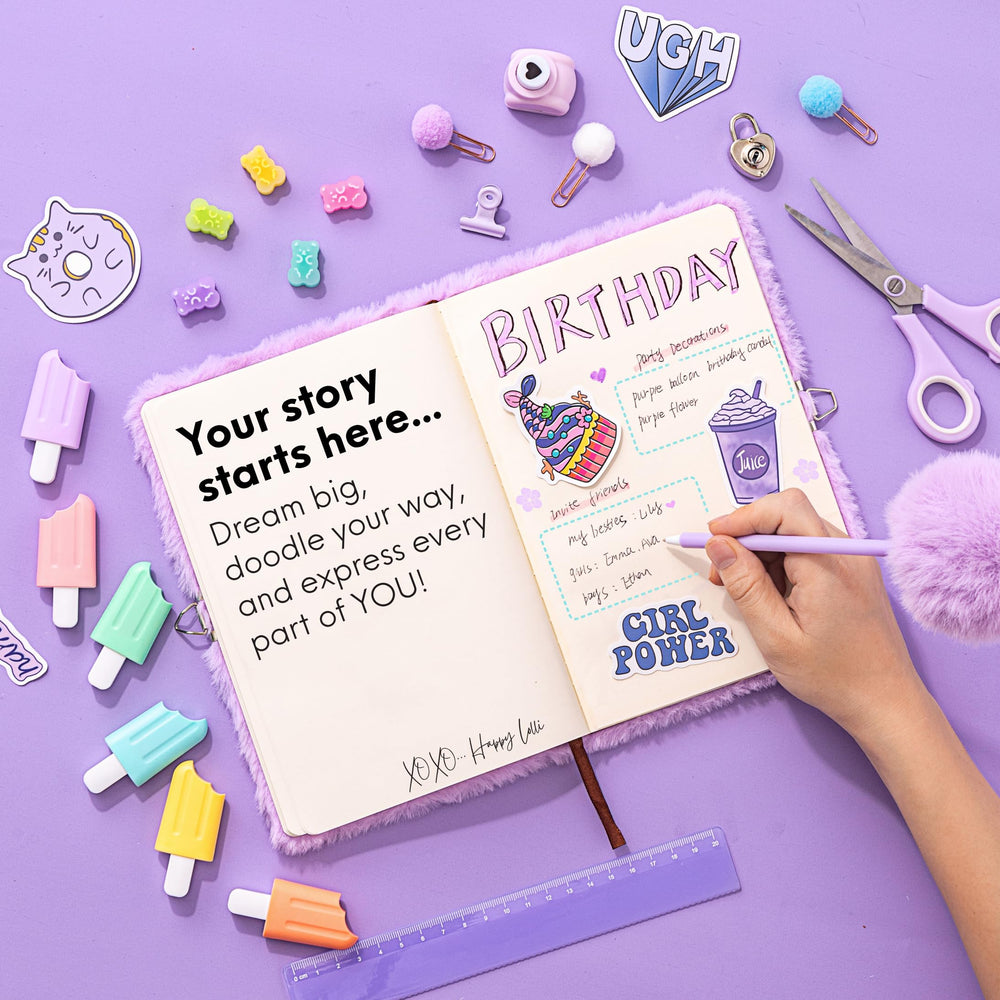 Happy Lolli LolliME diary cover with plush purple texture invites creativity.