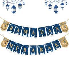 Happy Storm Ramadan Mubarak banner displayed over the fireplace for festive home decor.