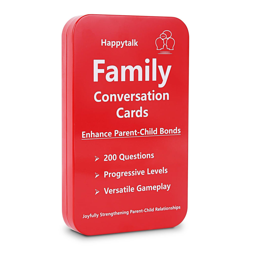 Happytalk Conversation Cards for Kids cover with tin, ideal for family game night.