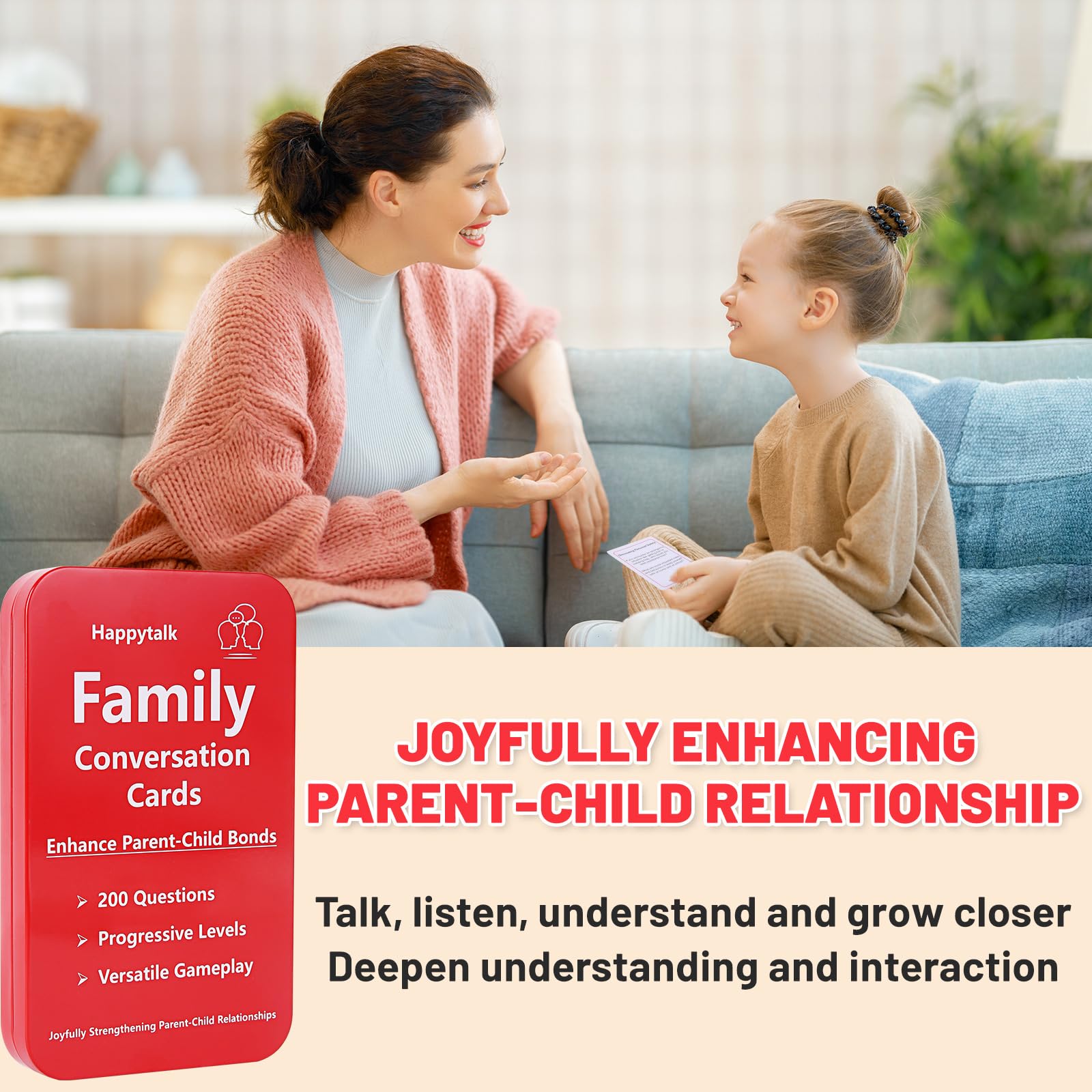 Happytalk Conversation Cards for Kids metal tin packaging, durable for travel and reuse.