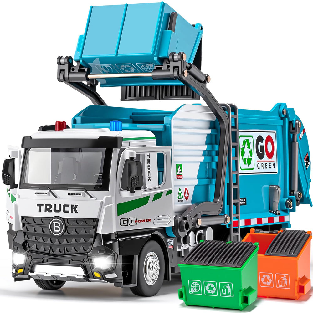 HAPYAD auto-lift trash truck blue with metal cab delivers durable play for kids.