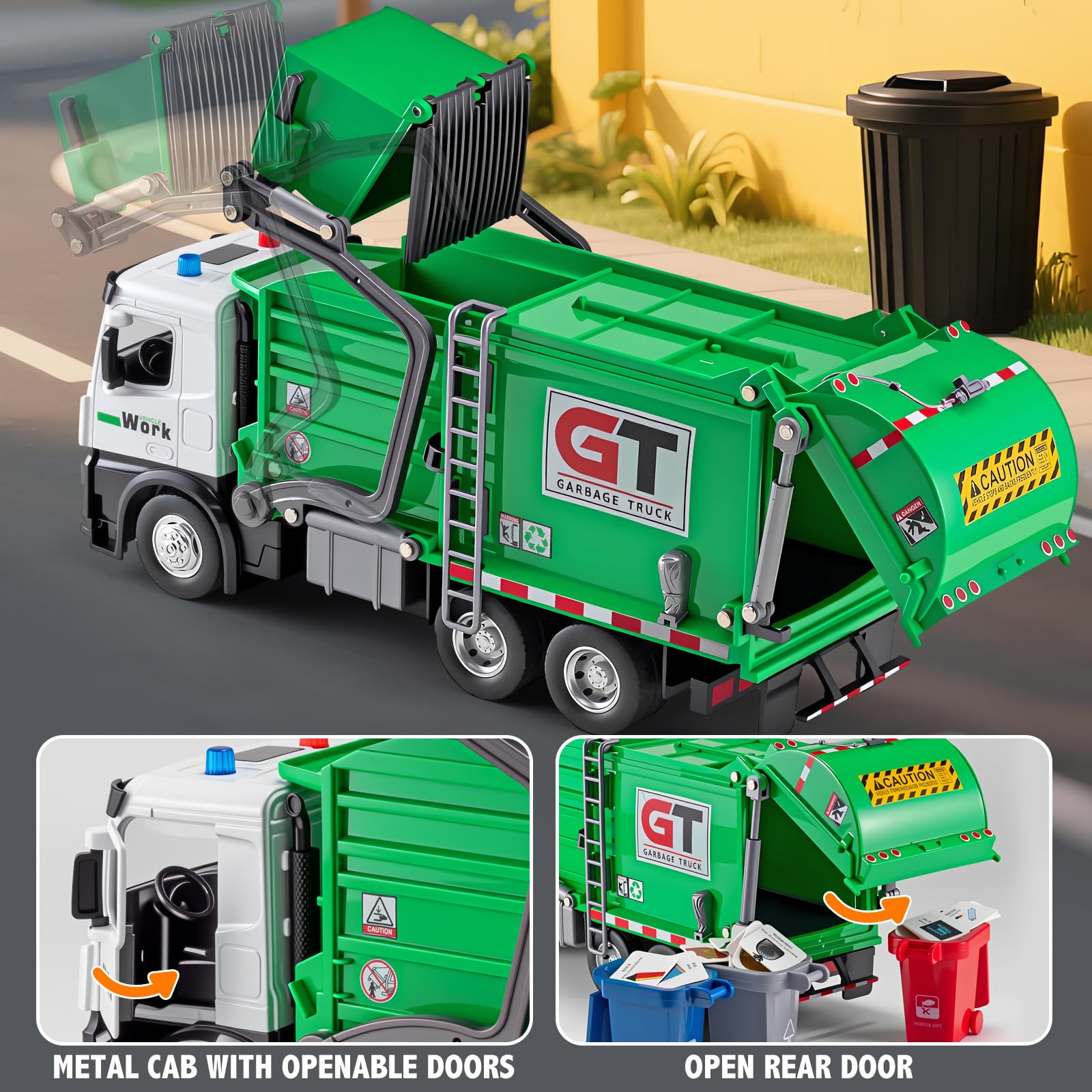 HAPYAD front-loader with dumpster demonstrates realistic lifting action for imaginative scenes.