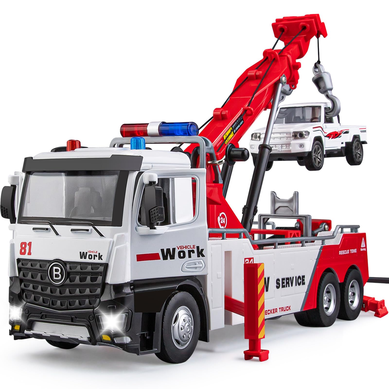 HAPYAD tow truck toy with metal crane supports durable, engaging play.