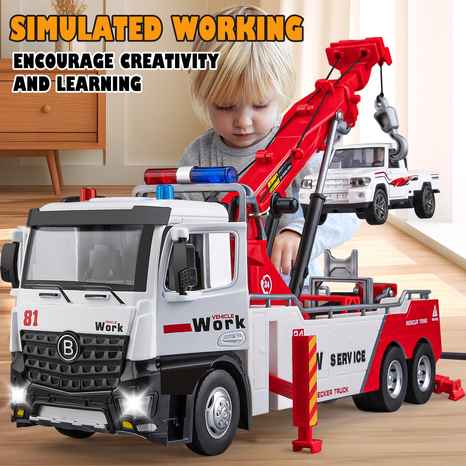 HAPYAD tow truck toy doors open for interactive storytelling.