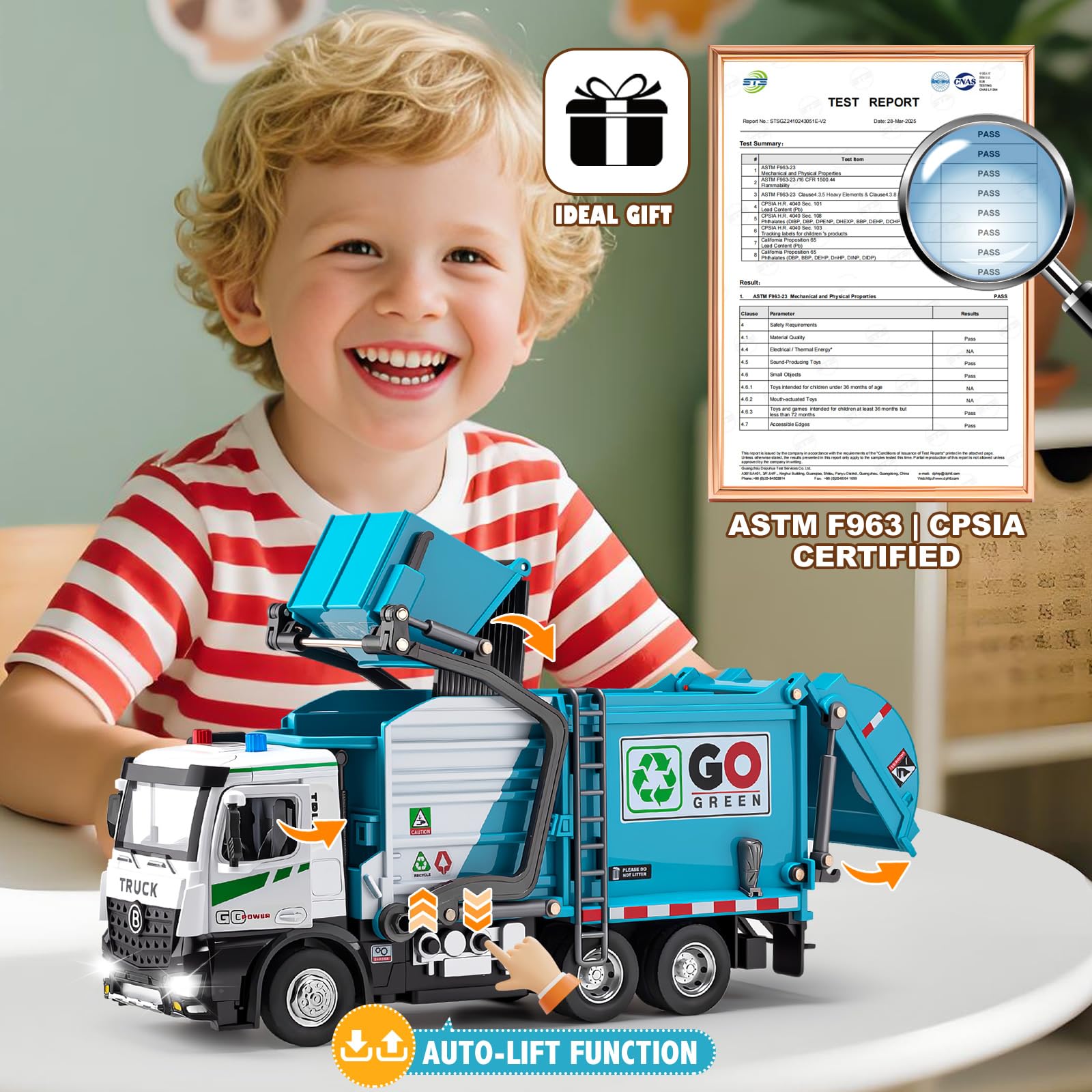 HAPYAD trash truck blue with lights and sounds enhances realistic pretend play.