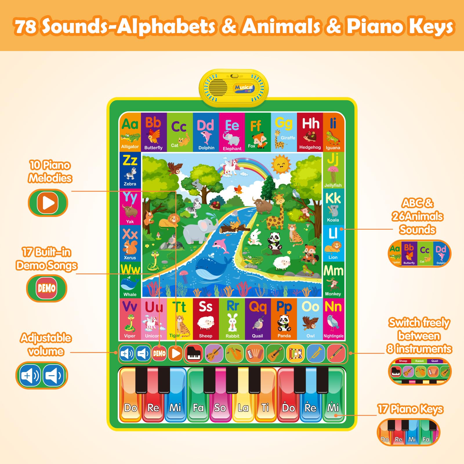 Built-in sounds and instrument options on the mat for musical exploration