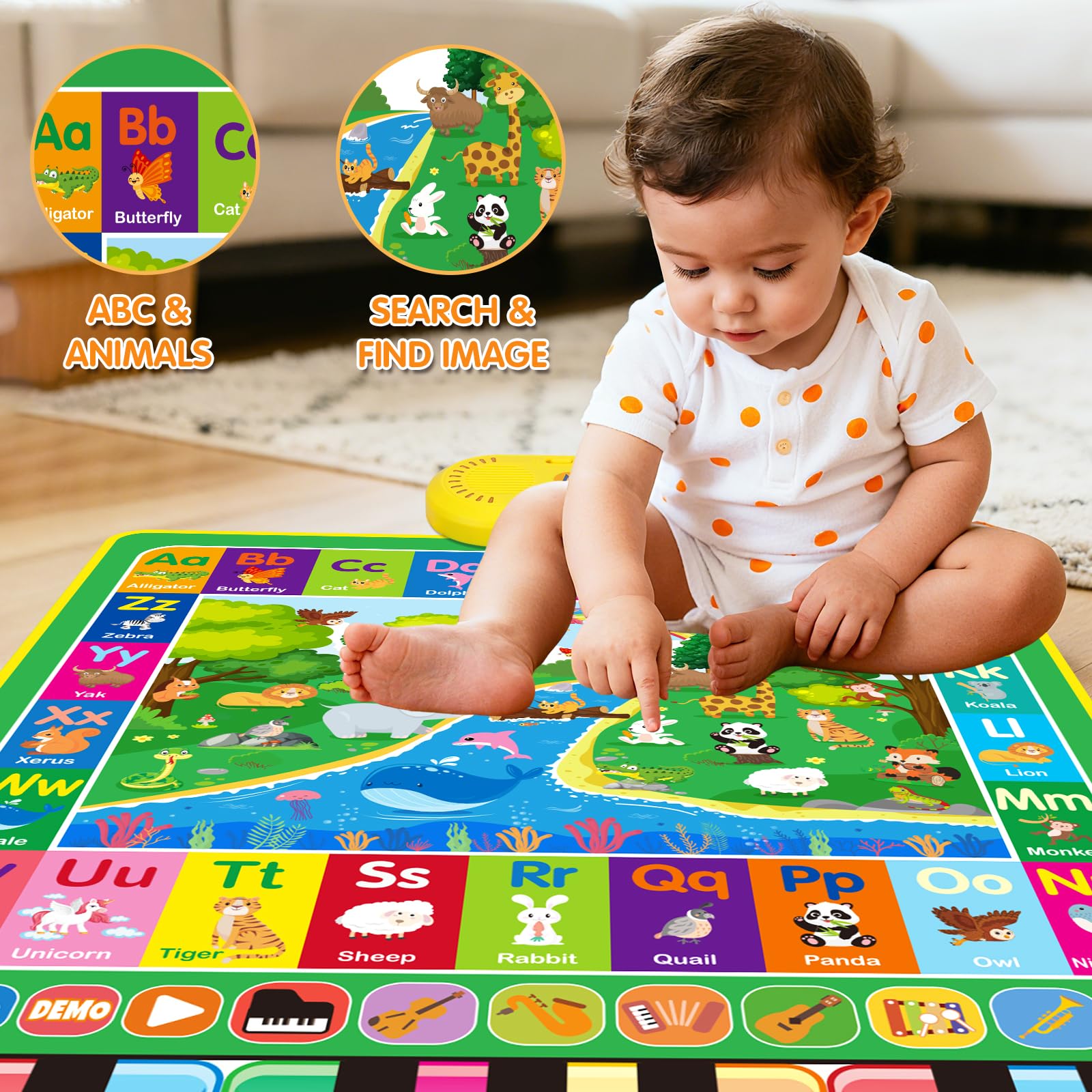 Child pressing piano keys to trigger sounds on the music mat