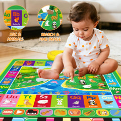 Child pressing piano keys to trigger sounds on the music mat