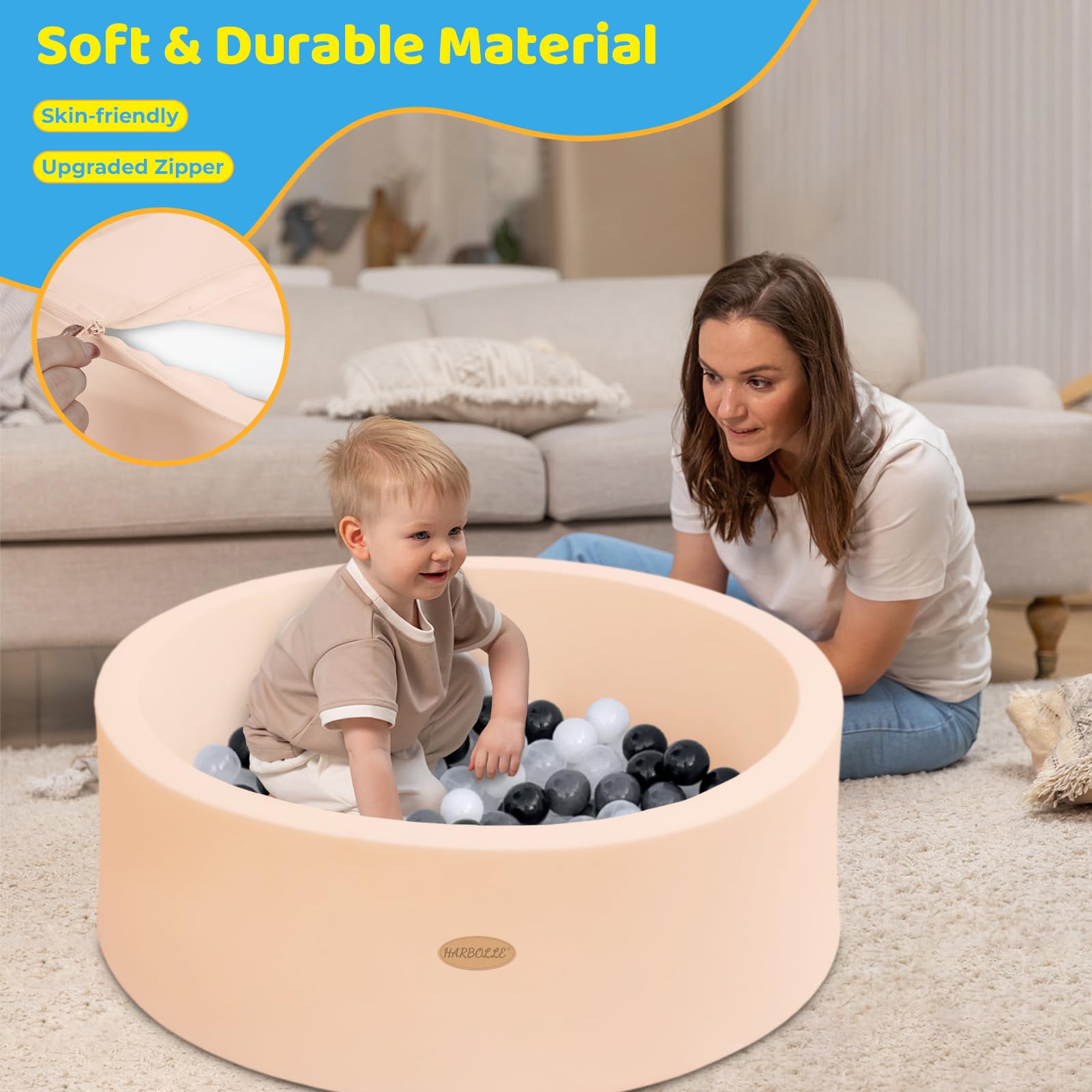 Harbolle memory foam wall beige ball pit shows soft edges for curious little ones.