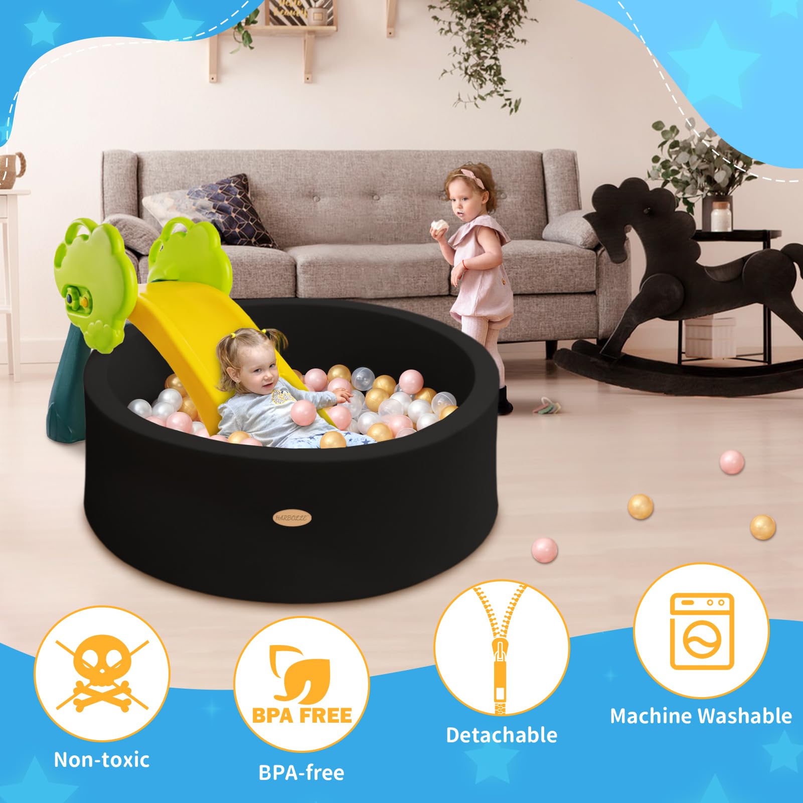 HARBOLLE ball pit two-part design simplifies setup and cleaning after use.