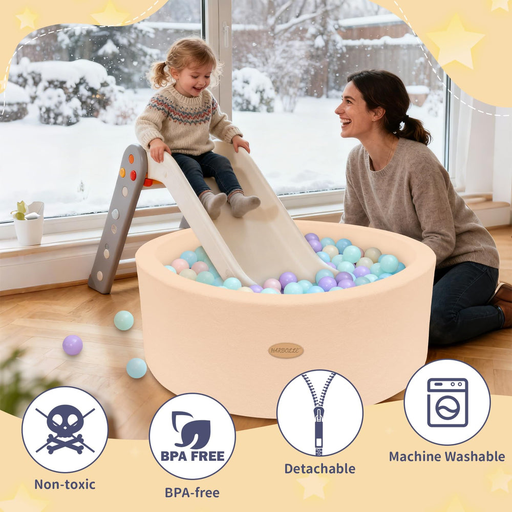 Harbolle beige ball pit complements home decor while inviting tactile play.