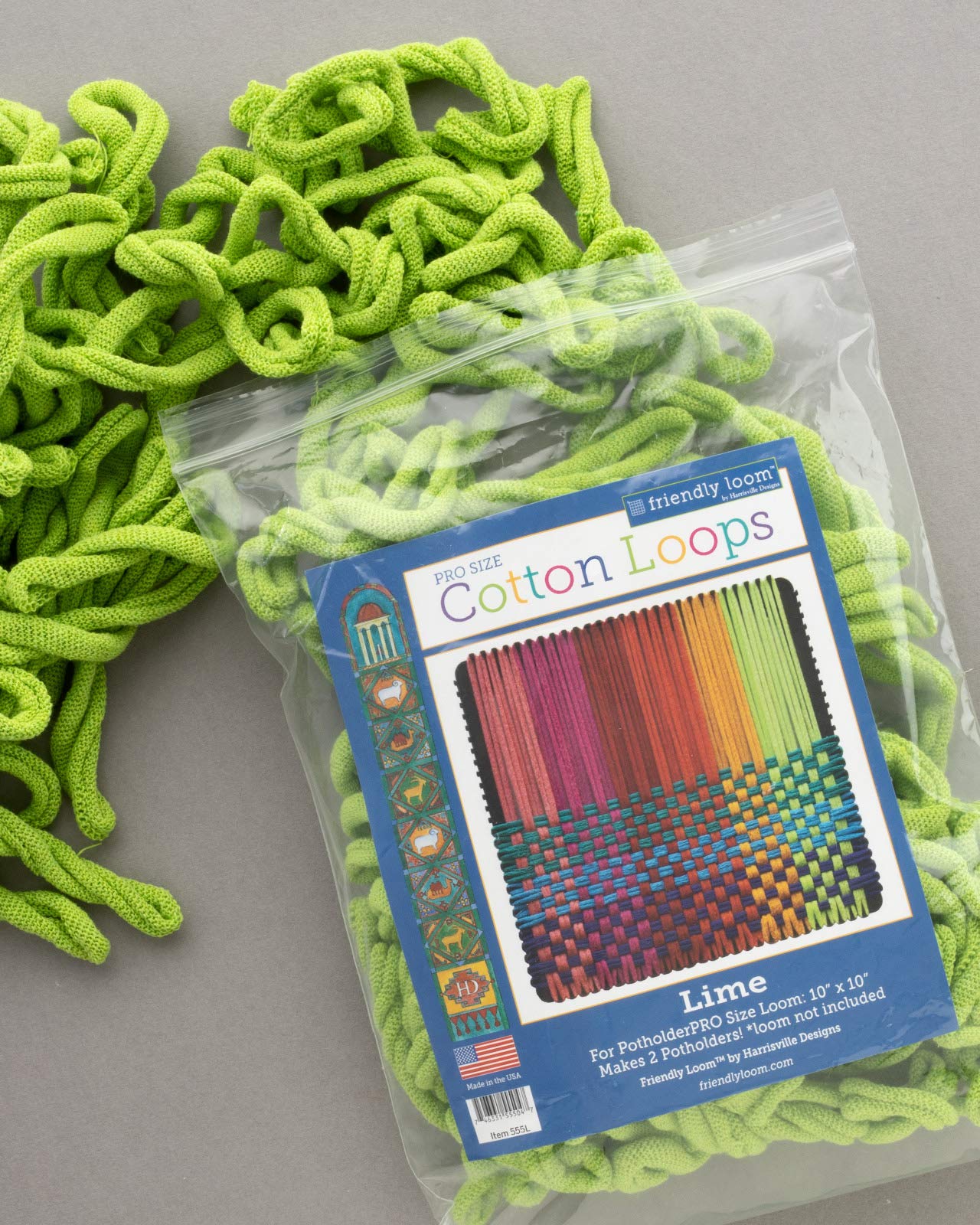Harrisville Designs PRO Loom lime potholder ready for large weaving projects