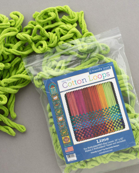 Harrisville Designs PRO Loom lime potholder ready for large weaving projects