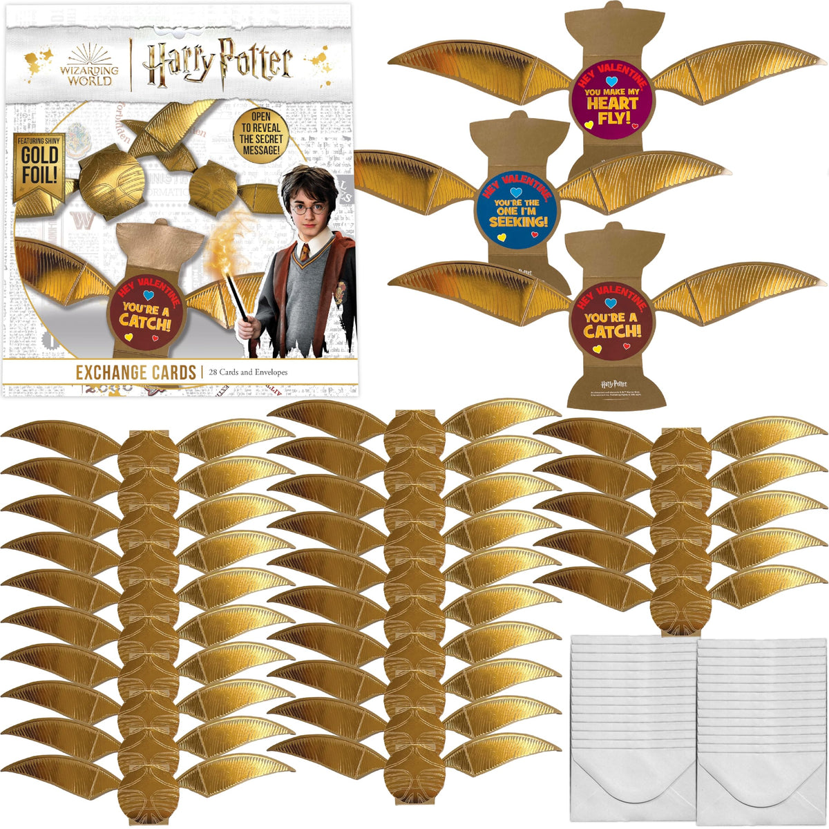 Harry Potter Golden Snitch foil card close-up for eye-catching Valentine exchanges.