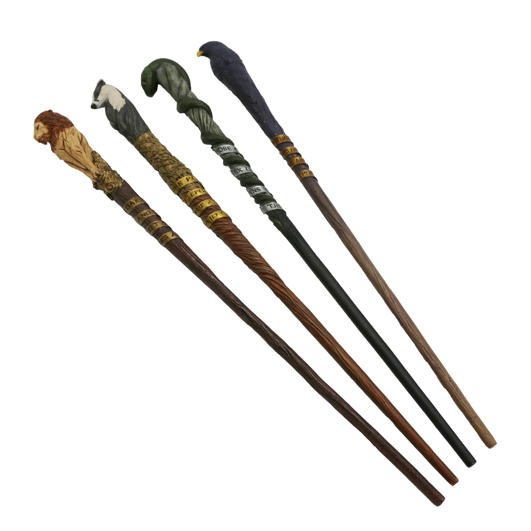 Harry Potter Hufflepuff wand handle close-up shows craftsmanship for display.