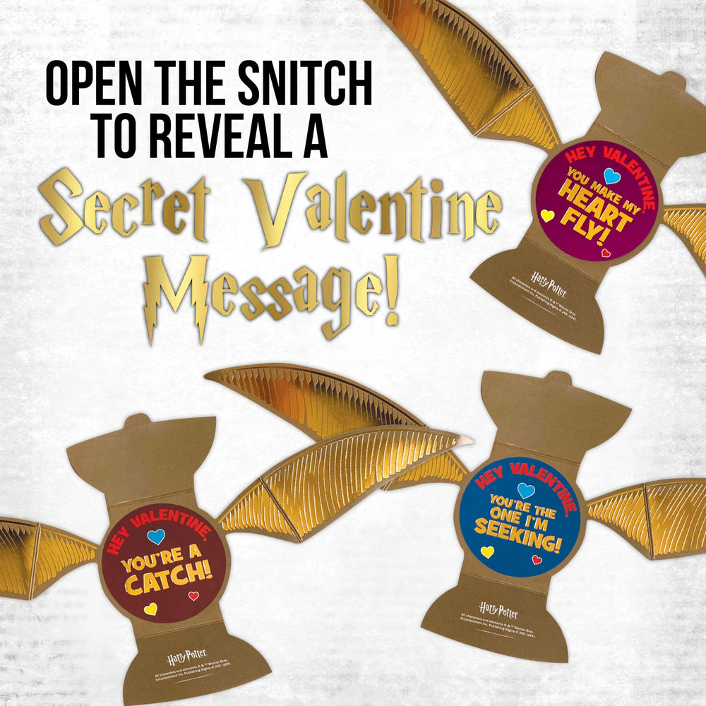 Harry Potter Snitch card opened to reveal a greeting and surprise message.