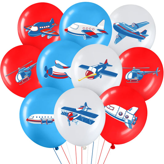 Harrycle airplane balloons in red, white and blue brighten indoor party spaces with bold color.