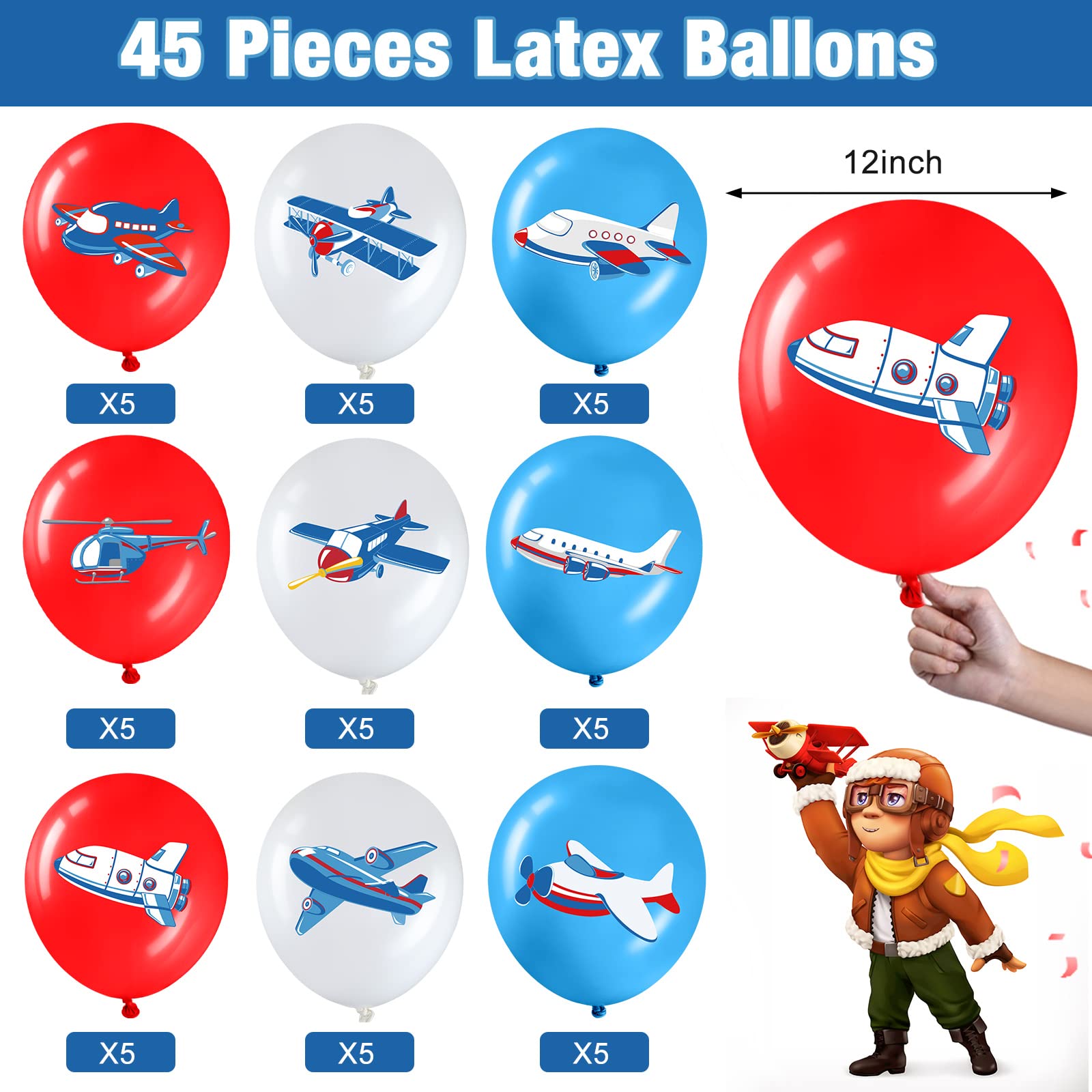 Harrycle airplane balloons with nine designs add variety for kids’ celebrations and photos.
