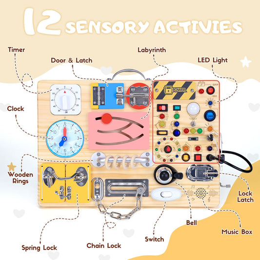 HarVow Busy Board 12 sensory activities foster hands-on learning during playtime.