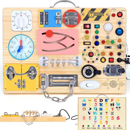 HarVow Busy Board with 13 LED switches engages toddlers for fine motor skills.