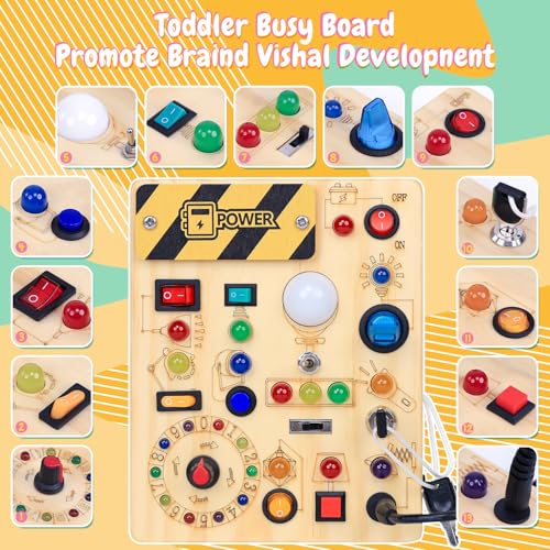 HarVow Busy Board shows 24 LED lights triggering colors for sensory exploration