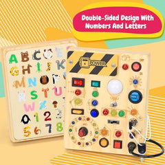 HarVow Busy Board backside with ABC and 0-9 engraving for early learning