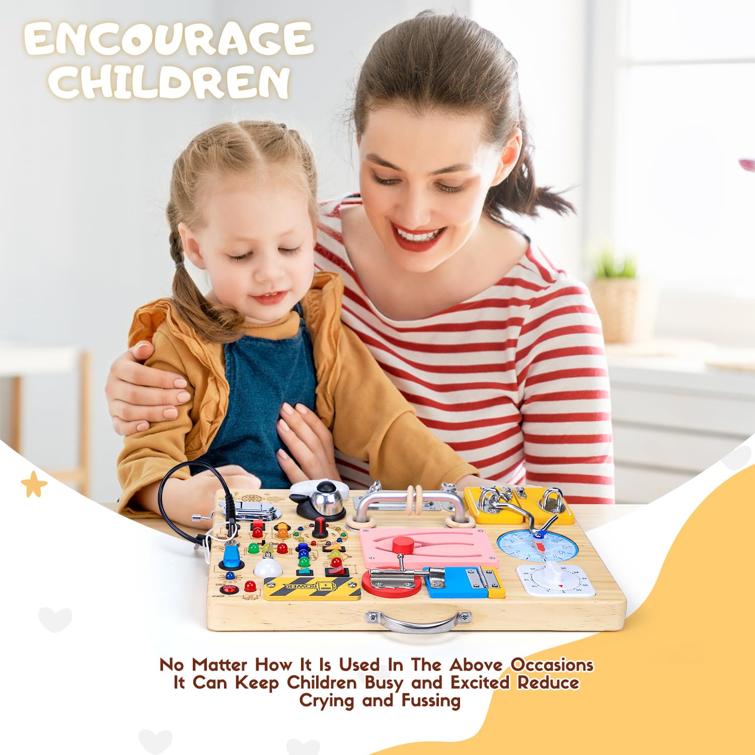 HarVow Busy Board LED light effects provide engaging cause-and-effect cues for learning.