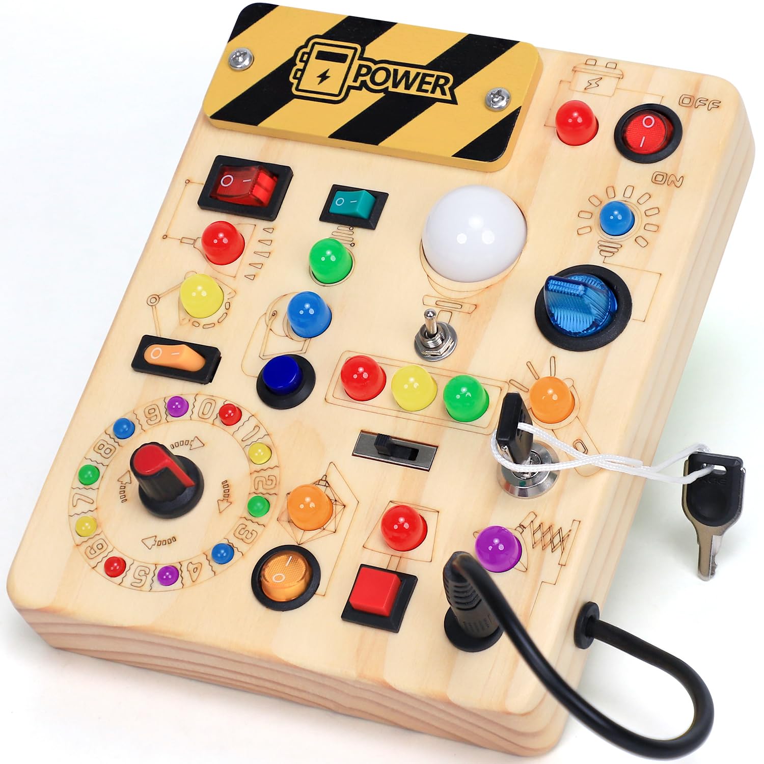 HarVow Busy Board with LED switches in action for engaging toddler play